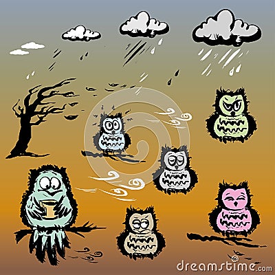 Set of cute hand drawn owls. Vector Illustration
