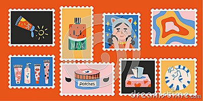 Set of cute hand-drawn post stamps, funny characters and cosmetic products. Vector Illustration