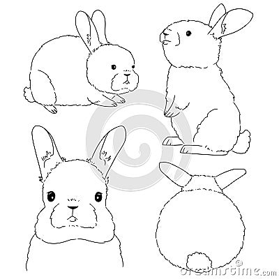 Set of cute hand drawn rabbits on white background. Collection of animal sketches, line art, little animals Vector Illustration