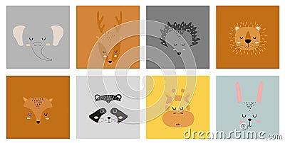 Set of cute hand drawn sleeping animals characters. Cartoon zoo. Vector illustration. Elephant, deer, hedgehog, lion Vector Illustration