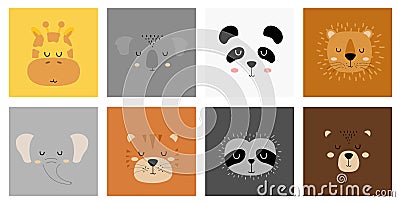 Set of cute hand drawn sleeping animals characters. Cartoon zoo. Vector illustration. Giraffe, koala, panda, lion Vector Illustration