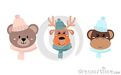 Set of cute hand drawn smiling animals in winter hat and scarf. Cartoon zoo. Vector illustration. Bear, mokey and deer Vector Illustration