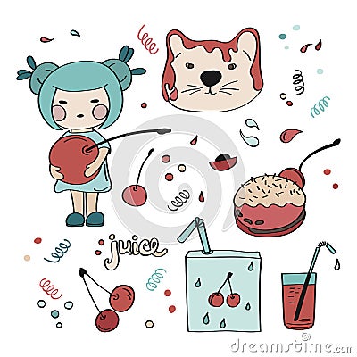 Set of cute hand-drawn stickers. Delicious cherries and delicacies with them. Vector illustration of tasty collection. Cartoon Illustration