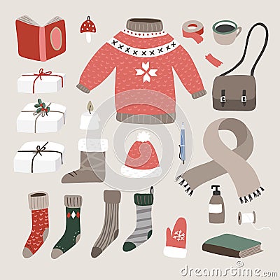 Set of cute hand drawn winter, Christmas lifestyle and fashion icons. Knitted sweater, cup of coffee, glove, Santa socks Vector Illustration