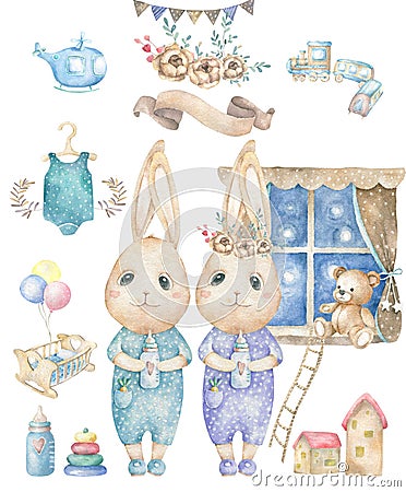 Set cute happy birthday card with cartoon two Bunny. Watercolor rabbits clip art cradle and toys for baby, cot, bear, ribbon for Stock Photo