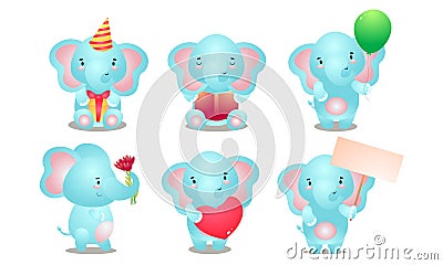 Set of cute happy smiling kid blue elephant character. Vector illustration in flat cartoon style. Vector Illustration