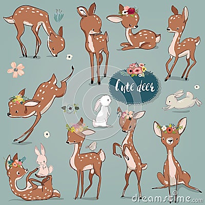 Set with cute hares and deer Vector Illustration