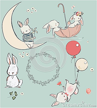 Set with cute hares Vector Illustration