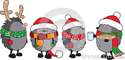 Set of 4 cute hedgehogs dressed for Christmas Vector Illustration