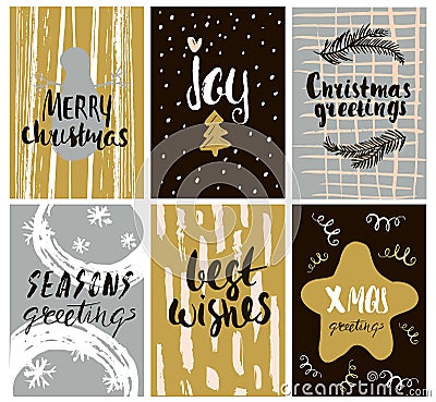 Set of cute holidays greeting card with hand drawn elements and shapes. Unique handwritten Christmas lettering collection. Vector Illustration