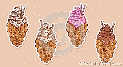 set of cute Hong Kong egg bubble waffles with ice cream stickers Vector Illustration