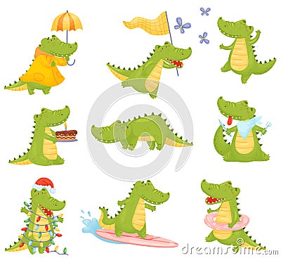 Set of cute humanized crocodiles in different situations. Vector illustration on a white background. Vector Illustration