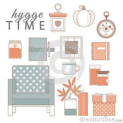 Set of cute hygge elements, furniture Vector Illustration