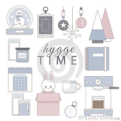 Set of cute hygge elements, furniture and home decor Vector Illustration