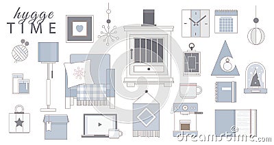 Set of cute hygge elements, furniture and home decorations. Christmas Home Decor Set of cute hygge elements icons Vector Illustration