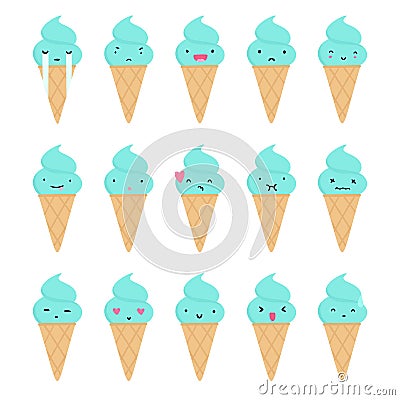 Set of cute ice cream emoji. Vector Illustration