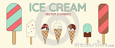 Set of cute ice cream in retro style. Vector embroidery patch fabric, vector illustration. Vector Illustration