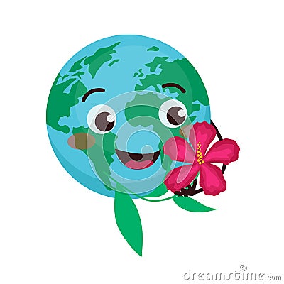 Set of cute illustrations with planet Earth. The earth admires a beautiful flower. Vector Illustration