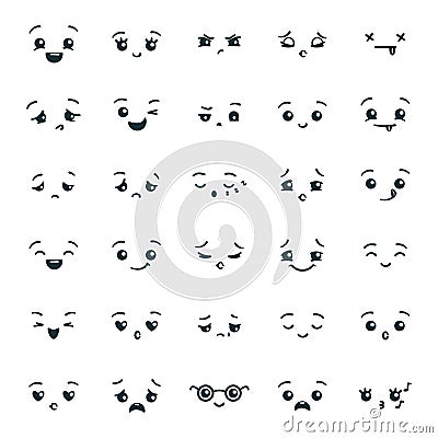 Set of cute kawaii emoticons emoji. Expression faces in the style of Japanese anime, manga. Vector Illustration