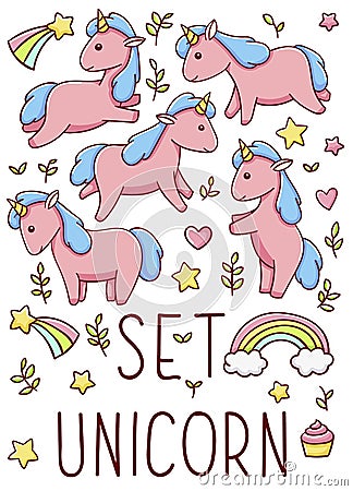 Set cute kawaii hand drawn pink unicorn doodles, isolated on white background, clipart Vector Illustration