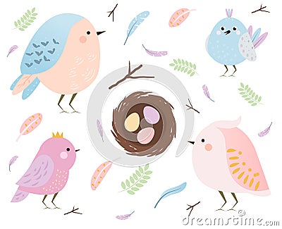 Set of cute kawaii spring birds and feathers isolated on white. Eggs, leaves seasonal design elements Vector Illustration
