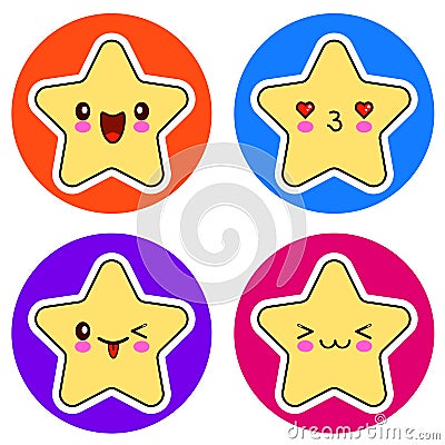 Set of cute Kawaii stars on different circle. Vector Illustration