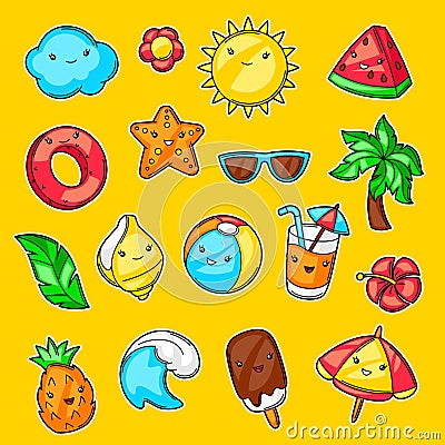 Set of cute kawaii summer items. Vacation and beach character. Vector Illustration