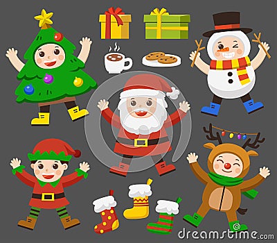 Set of cute kids dressed in Christmas costumes. Vector Illustration