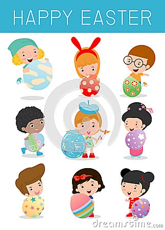 Set of Cute kids and Easter eggs on white background. Easter eggs and children, happy easter , Easter eggs vector icons f Vector Illustration