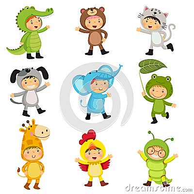 Set of cute kids wearing animal costumes. Alligator, bear, cat, Vector Illustration