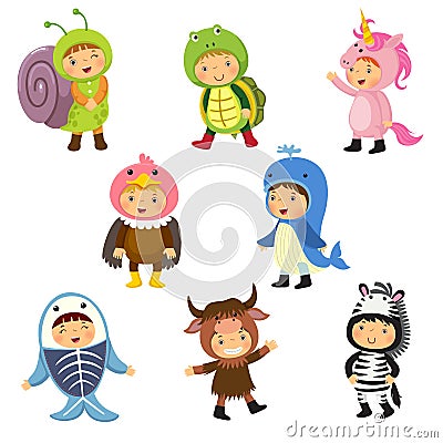 Set of cute kids wearing animal costumes. Snail, turtle, unicorn Vector Illustration