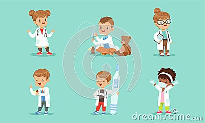 Set of Cute Kids in White Coats Playing Doctors, Cheerful Little Boys and Girls Examining and Treating their Patients Vector Illustration