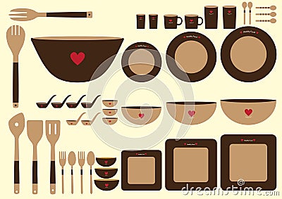 Set of cute kitchenware on brown backgrounds,Vector Stock Photo