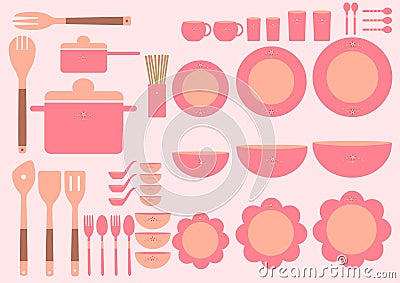 Set of cute kitchenware on pink backgrounds,Vector Stock Photo
