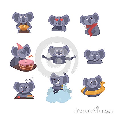 Set of cute koalas isolated on white background. Koala with a pi Vector Illustration