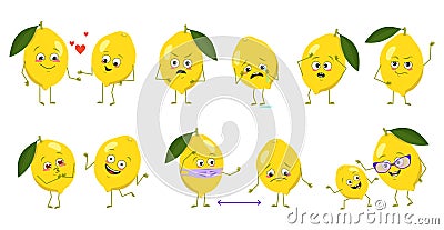 Set of cute lemon characters with emotions, faces, arms and legs. Happy or sad heroes, citrus fruits play, fall in love Vector Illustration