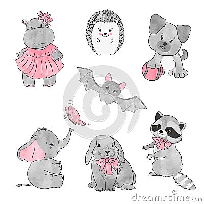 Set of cute little animals. Vector illustration. Vector Illustration