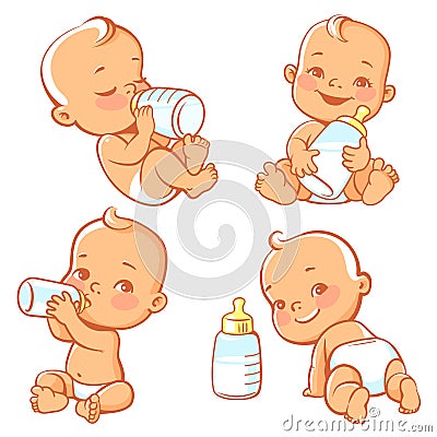 Set with cute little baby with bottle of milk. Vector Illustration