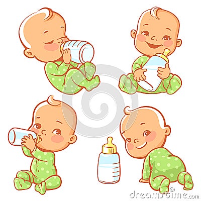 Set with cute little baby with bottle of milk. Vector Illustration