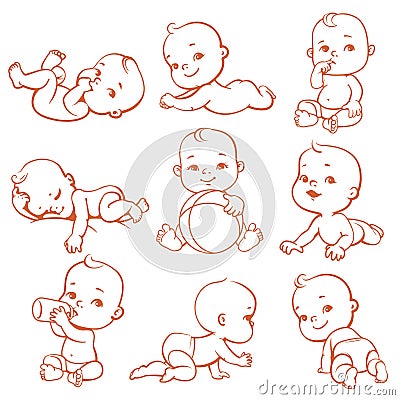 Set with cute little baby in diaper. Vector Illustration