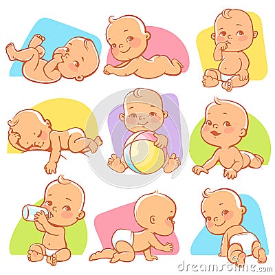 Set with cute little baby in different situations. Vector Illustration