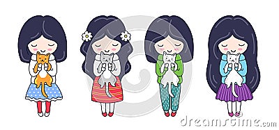 Set of cute little dark-haired girls with kittens. Cartoon characters. Vector Illustration