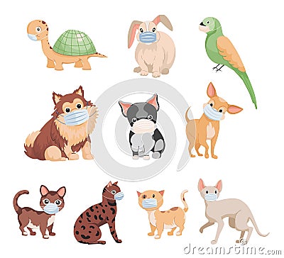 Set of cute little domestic pets in medical masks vector flat illustration isolated on white background. Vector Illustration