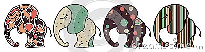 Set of cute little elephant with ornaments. Colorful illustration for card, stickers and print. Vector Illustration