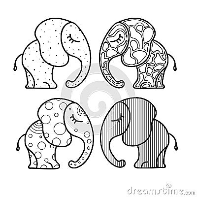 Set of cute little elephant with ornaments. Hand-drawn illustration for coloring book Vector Illustration