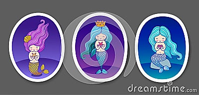 Set of cute little mermaids on a dark blue, violet sea gradient background. Vector Illustration