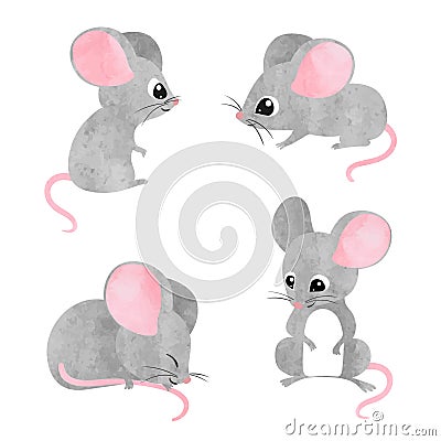 Set of cute little mice. Vector watercolor mouse collection. Vector Illustration