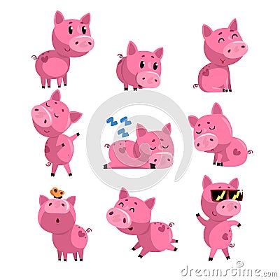 Set of cute little pig in different actions. Sleeping, dancing, walking, sitting, jumping. Cartoon character of pink Vector Illustration