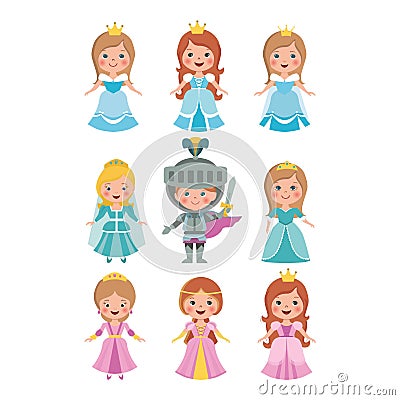 Set of cute little princess doll and knight on white background. Stock Photo