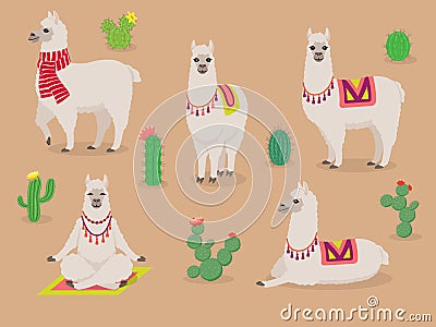 Set of cute llamas in different poses, desert with cactus Vector Illustration